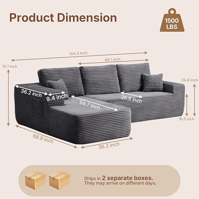 104 inch Boneless L-Shaped Sectional Sofa with Throw Pillow & Side Pockets- No Assembly Compressed Modular Couch, Memory Foam, Deep Seat for Living Room, Bedroom, Apartment Grey Left