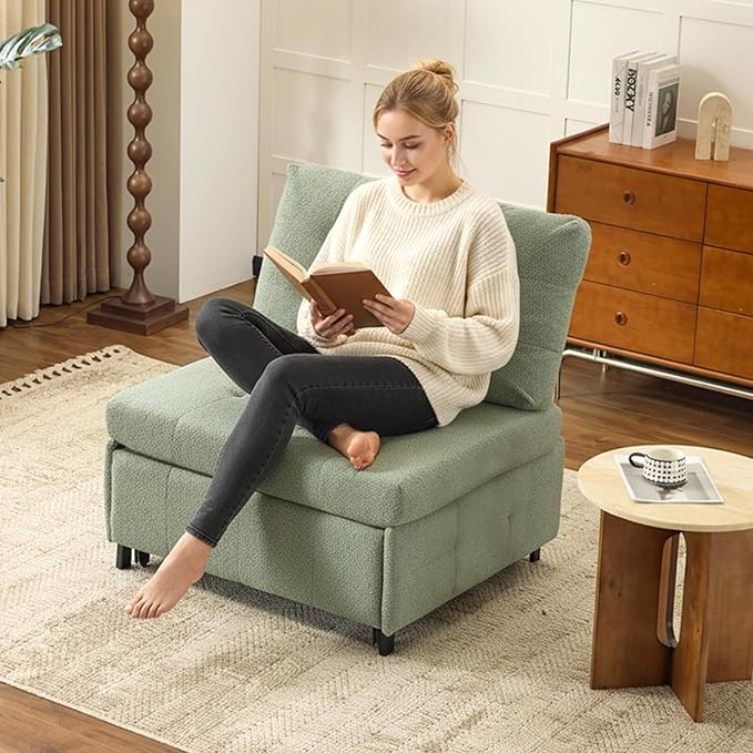 VINGLI Convertible Sofa Bed Tufted Teddy Fleece Sleeper Chair Bed Couch Armless Living Room Chairs with Adjustable Backrest Pull Out Couch Bed for Small Spaces | Armless Sofa Bed