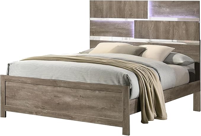 Kings Brand Furniture Dawson Modern 6-Piece King Size Farmhouse Style Bedroom Set in Light Brown Finish - Bed with LED Lights, Dresser, Mirror, Chest & 2 Nightstands