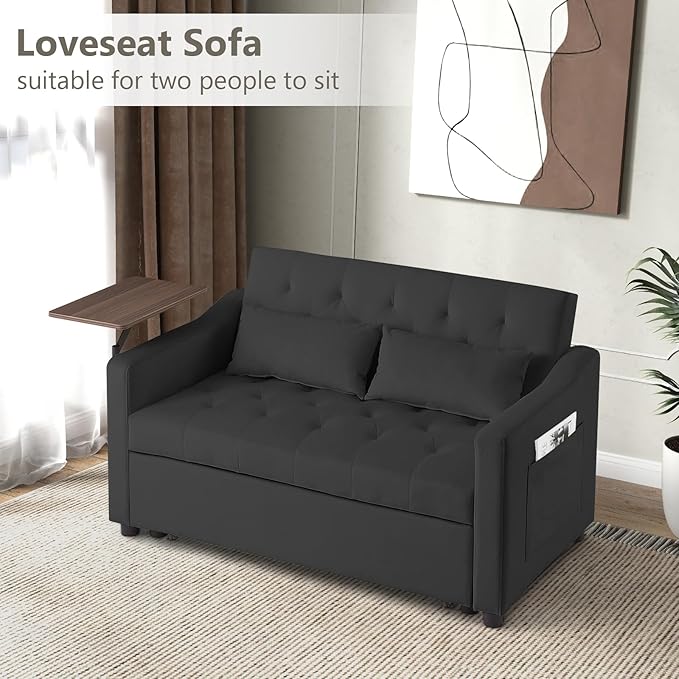 3-in-1 Convertible Loveseat Sleeper Sofa Bed with Adjustable Backrest (3 Positions) and 360° Swivel Side Table, Pull-Out Couch for Small Apartments & Guest Rooms, Jet Black