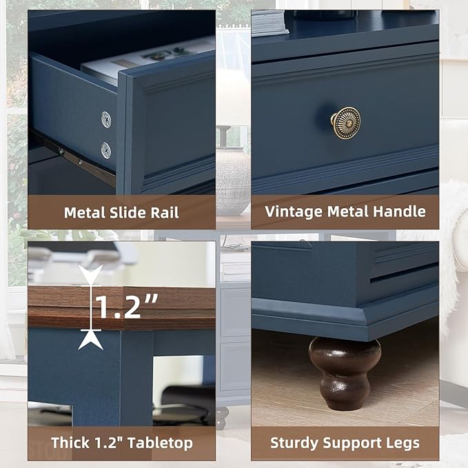 Joaxswe 24" Wide Farmhouse Nightstand with Charging Station Set of 2, 45" Tall Rustic Chests of 5 Drawers w/ 4 Solid Wood Feet, Farmhouse Furniture Series for Living Room,Bedroom,DarkBlue