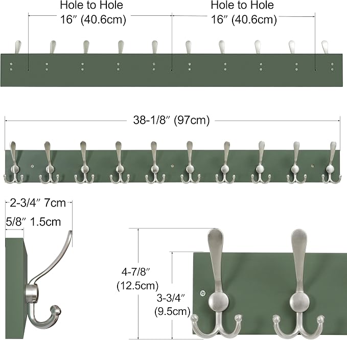 SKOLOO Creations Forest Green Solid Wood Wall Mounted Coat Rack, 10 Hooks, 38-1/8" Long - Kitchen, Mudroom, Entryway, Bathroom - Includes Mounting Hardware, Wall Coat Hanger, Towel Rack - Image 2