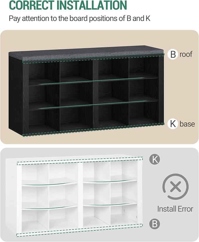 Hzuaneri Shoe Bench with Cushion, Entryway Storage Bench with 12 Cubbies, Cubby Shoe Rack with Adjustable Shelves, Shoe Organizer Cabinet for Living Room, Bedroom, Entryway, Black SB19004GY - Image 6