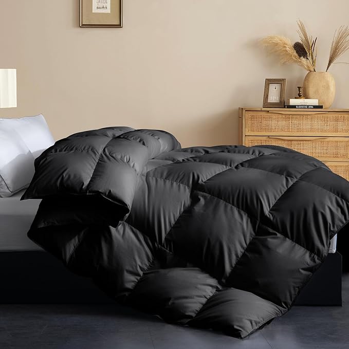 Feather and Down Comforter Insert Queen Size, 100% Cotton Cover, All Season Black Down Feather Duvet Insert, Fluffy Soft Hotel Luxury Bedding for Bedroom, 90 x 90 Inches