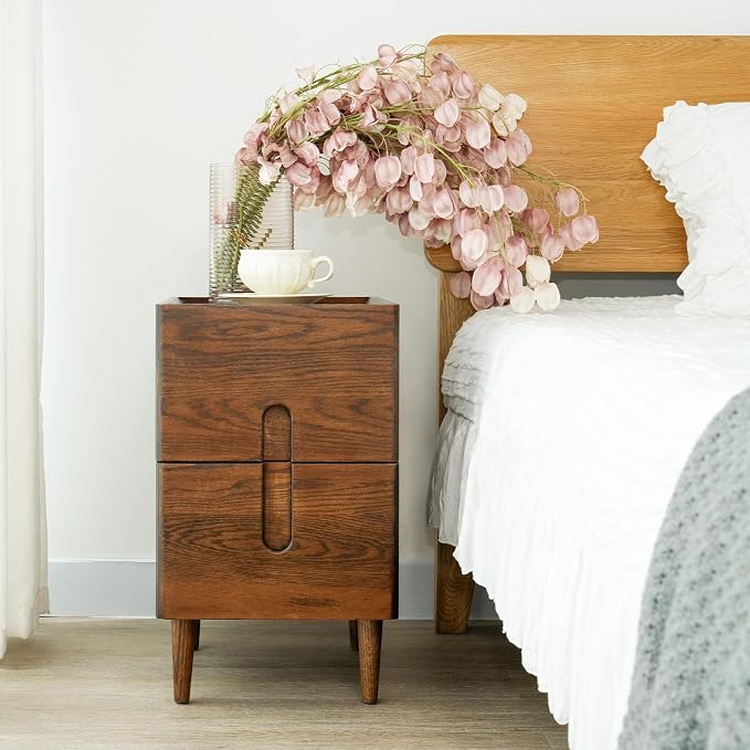 Narrow Nightstand, Mid Century Modern Nightstand, Solid Wood Bedside Table, Side Table witn Drawers (Walnut, 11.81inches) by Cttasty
