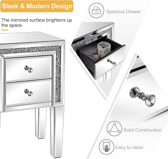 VINGLI Mirror Nightstand with Drawer, Silver Mirrored Glass End Table, Crushed Diamond Glitter for Small Spaces/Bedroom/Living Room - Image 4
