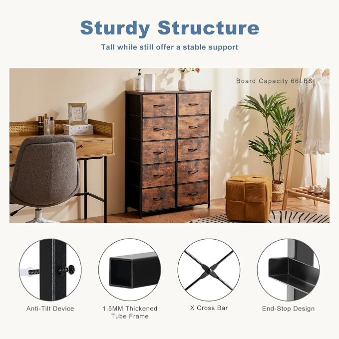 DUMOS Dresser for Bedroom, 10 Storage Drawers, Wide Fabric Closet Chests Organizer Tower Furniture with Wooden Top Metal Frame for Clothes, Guest Room, Living Room, Hallway, Entryway - Image 7