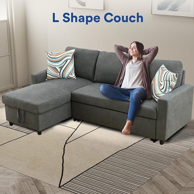 Rovibek 83" Convertible Sofa Bed Couch with Storage - 4 in 1 L Shaped Sofa with Pull Out Couch Bed for Living Room, Apartment, Office, Small Spaces, Grey