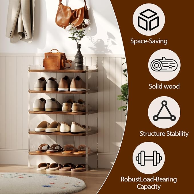 Shoe Rack for Entryway, Solid Wood and Acrylic Structure Shoe Stand, 5-Tier Modern Shoe Shelf, Ideal for Small Spaces, Living Room and Walk-in Closet - Image 4