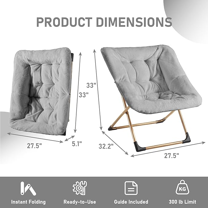 Youtanic Comfy Oversized Saucer Chair, Soft Faux Fur Reading Lounge Chair for Adults, Stable X-Large Metal Frame and Non-Slip Pad, Foldable Cozy Chairs for Bedroom, Living Room, Dorm, Light Gray