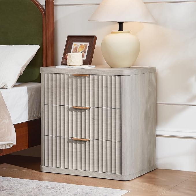 LEYAOYAO Fluted Farmhouse Nightstand Set of 2 with Charging Station, 23" Wide 3 Drawers Night Stand,LightGrey Dresser for Bedroom,Bed Side Table Chest of Drawers,Wood End Table for Living Room - Image 4