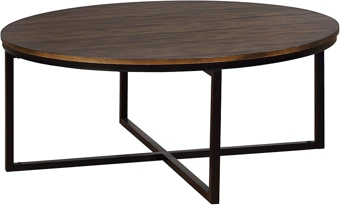 Arcadia 42-Inch Round Acacia Wood Coffee Table – Industrial Living Room Table with Antiqued Mocha Finish and Metal Sled Legs – Ideal Centerpiece for Sectionals and Sofas by Alaterre Furniture