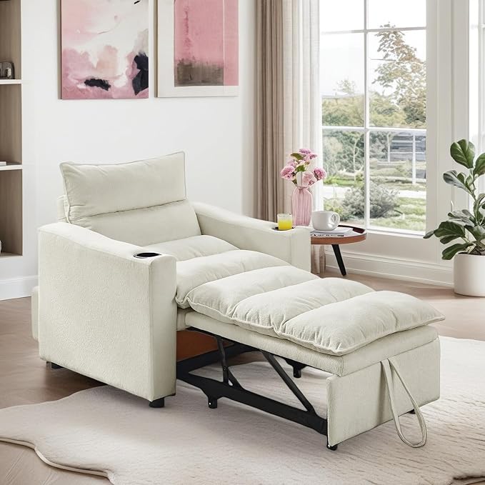3-in-1 Convertible Sleeper Chair, Velvet Pullout Chair with Cup Holders, Recliner Sofa Bed with 4 Adjustable Angles, Convertible Lazy Sofa Bed for Small Spaces Home Office, Beige