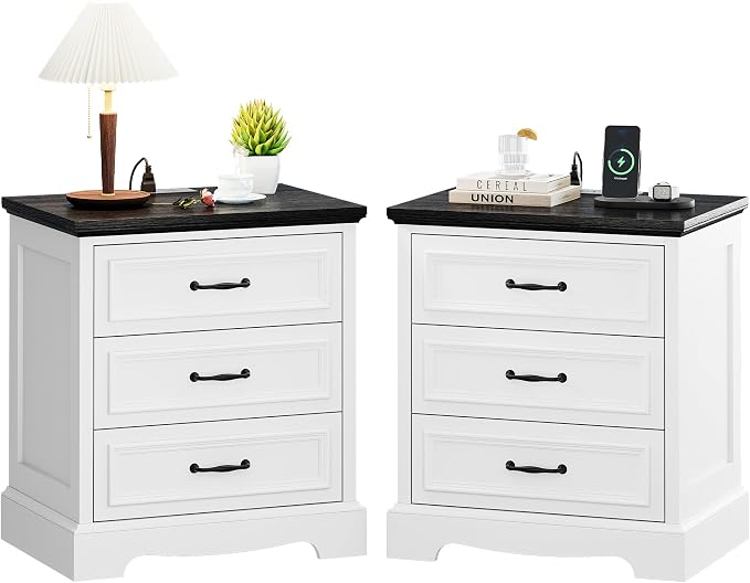 Farmhouse Nightstand Set of 2, Wood Night Stand with 3 Drawers and Charging Station Modern Bedside Table for Bedroom End Side Table Storage Cabinet Small 6 Drawers Dresser (2) by Alohappy