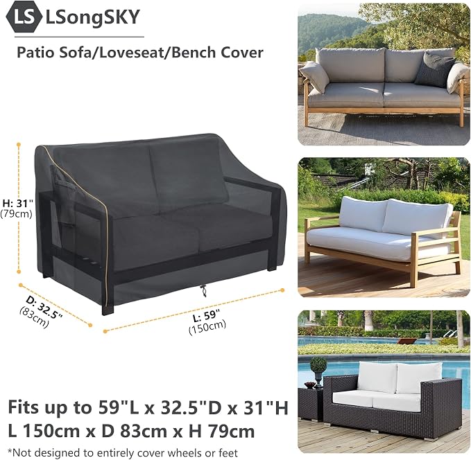 Outdoor 2-Seater Loveseat Cover,Patio Sofa Covers Fits up to 58W x 32.5D x 31H Inches,100% Waterproof Heavy Duty Patio Furniture Covers,Black - Image 3