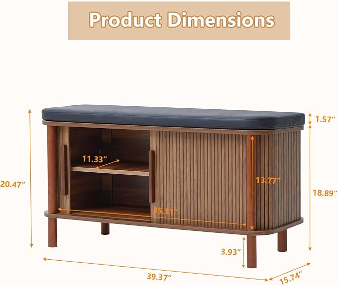 Shoe Bench, Entryway Shoe Cabinet with Leather Cushion and Sliding Door, Modern Shoe Storage Organizer for Living Room, Hallway (Walnut) - Image 2