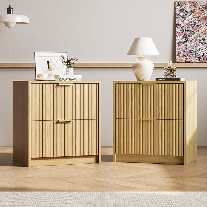 MAISONARIA 3-Piece Dresser Bedroom Set, 6 Drawer Dresser & 2 Drawer Nightstands with Gold Handles, Fluted Wood Chest of Drawers for Bedroom, Living Room, Entryway, Nature
