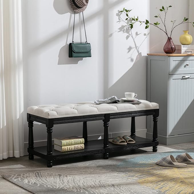 DUOMAY Mid-Century Tufted Storage Bench with Shelf, Linen Upholstered Farmhouse Entryway Shoe Bench Ottoman Bed End Stool for Bedroom Living Room Dining Room, Black Wood Frame, White - Image 8