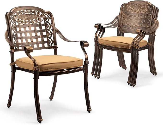 VINGLI Patio Chairs Set of 4- Stackable Outdoor Cast Aluminum Dining Chairs with Vintage Bronze Finish and Plaid Pattern, Metal Armchairs for Poolside, Backyard, Balcony (with Cushion) by VINGLI