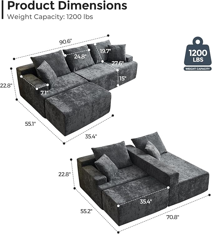 Boneless Couch, L Shaped Cloud Sectional Couches for Living Room, Comfy Fluffy Modular Sectional Sofa, Deep Seat Memory Foam Lounger with Left Facing Chaise, Free Combination, Grey
