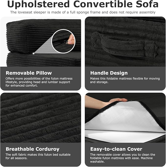 6-inch Folding Mattress Convertible Sofa Bed, Foldable Floor Mattress Sleeping Couch with Removable Corduroy Cover & Carry Handles, High-Density Foam Guest Bed Mattress (Black, Queen)