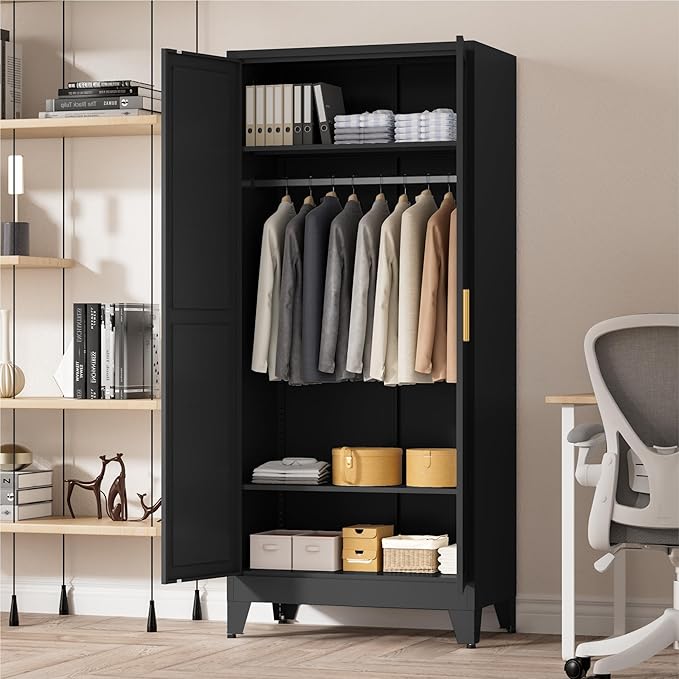 LCAOPC 71" Tall Metal Wardrobe Closet with Adjustable Shelves and Hanging Rod, 2 Doors Free Standing Armoire Wardrobe Cabinet for Bedroom, Office, Laundry Room, Black