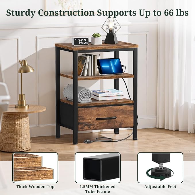 Nightstand Set of 2 with Charging Station, Bedside Table with USB Ports & Outlets, Small Dresser End Table with Fabric Drawer and Open Storage Shelf, Wooden Top for Bedroom, Brown - Image 5