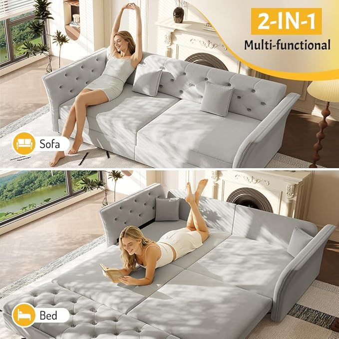ERYE 3-in-1 Foldable Sleeper Sofa Bed Velvet Fabric Loveseat Sofabed, 74-Inch Queen Loveseat Convertible Pull Out Sleeper Couch Bed with Flower Tufted Accent, Easy Assemble