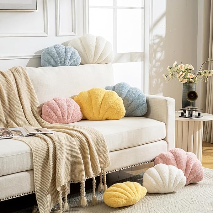 Seashell Throw Pillows Shell Shaped Pillow White Sea Shell Pillows for Bed Seashell Decorative Pillow Soft Plush Pillow Sea Couch Decoration(18 X 13 inch)