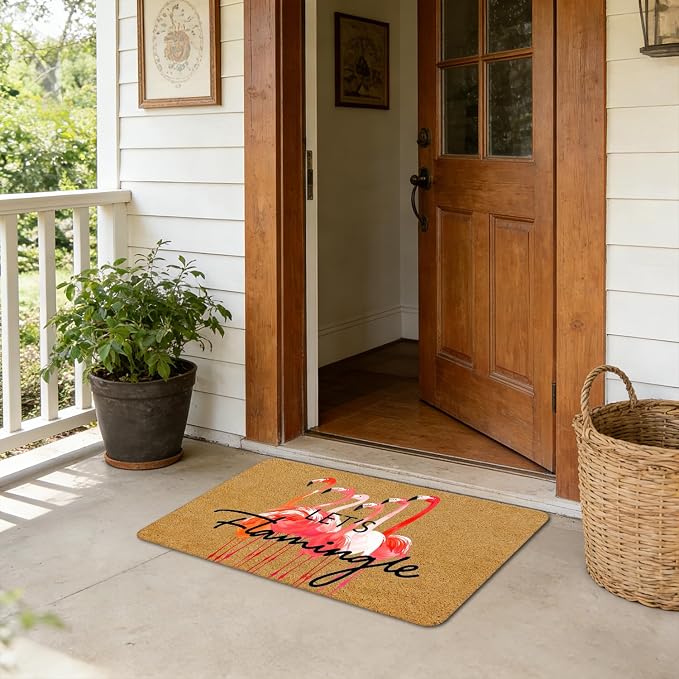 Funny Pink Flamingo Faux Coir Door Mat Doormat for Front Door Indoor Outdoor Porch Entrance Entryway Outside Inside, Let's Flamingle Summer Tropical Pink Welcome Mat, 17x30 Inches - Image 4