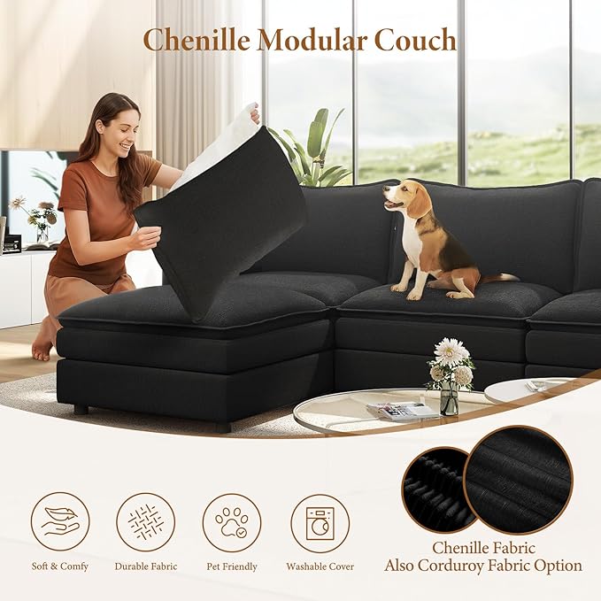 Vesgantti 101" V-Shaped Corner Couch Sectional, 7 Seat Customizable Modular Cloud Couches with Movable Ottoman, Chenille Deep Seat Sofa Set with Chaise for Living Room, Bedroom and Apartment, Black
