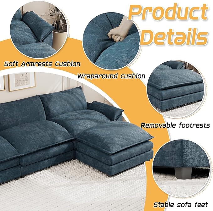Shahoo Sectional Modular Sofa U Shaped Chenille Fabric Couch with High Supportive & Soft Sponges and Removable Ottoman, Sleeper Comfy Upholstered Furniture for Living Room, Blue