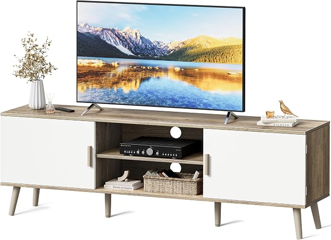 SUPERJARE TV Stand for 55 Inch TV, Entertainment Center with Adjustable Shelf, 2 Cabinets, TV Console Table, Media Console, Solid Wood Feet, Cord Holes, for Living Room, Bedroom, Gray and White by SUPERJARE