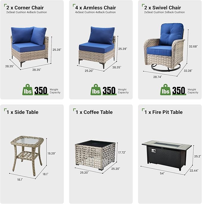 11 Pcs Patio Furniture with Fire Pit Table, Outdoor Rattan Wicker Conversation Set with Glowing Coffee Table, Comfy Sectional Sofa for Porch Balcony Backyard Pool, Blue