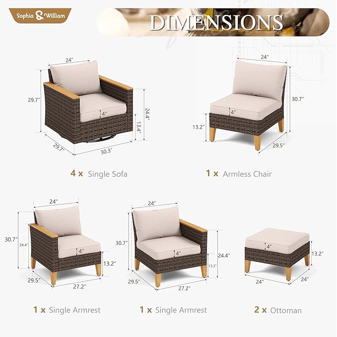 Sophia & William Patio Furniture Set with Swivel Chairs, 9 Piece Outdoor Sectional Furniture Wicker Modular Sofa Couch, Conversation Set for Deck Backyard Lawn, Beige
