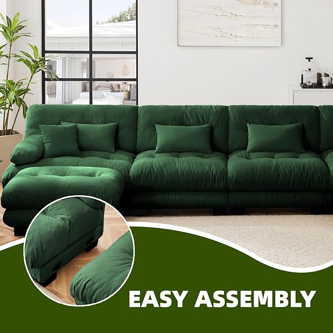 173.2" U-Shaped Cloud Couch, Oversized Modular Sectional Sofa, Deep Seat Cloud Boneless Couch, 4-Seat Modular Sectional Sofa with 2 Ottoman or Living Room,Bedroom and Apartment, Green