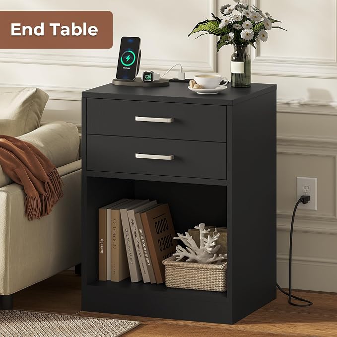 ADORNEVE Night Stand Set 2,Black Nightstand with Charging Station & Drawers,Night Stands for Bedrooms Set of 2,Bedside Table with Drawers - Image 6