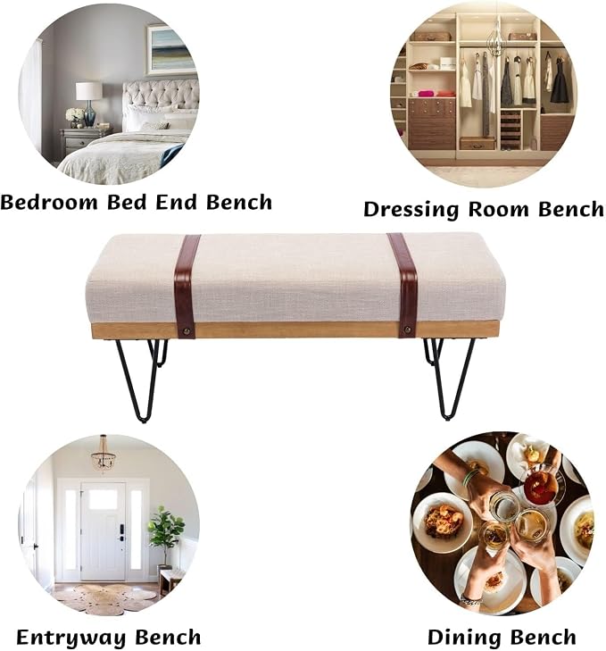 LukeAlon 44" Upholstered Storage Bench, Modern Linen Ottoman with Straps & Metal Hairpin Legs, Industrial Entryway Bench for Bedroom End of Bed, Living Room, Dining Room, Beige - Image 4