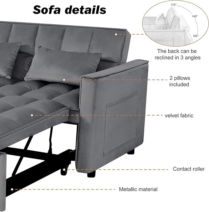 3 in 1 Convertible Sleeper Sofa Bed, Pull Out Couch Loveseat Futon, Adjustable Backrest Velvet Sofa with Pillows and Side Pockets for Living Room Apartment, Dark Grey