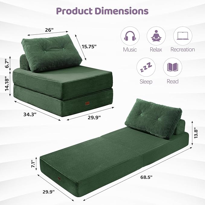 Folding Sofa Bed,3-in-1 Convertible Sleeper Chair Corduroy High-Density Foam with Pillow,Fold Out Chair Bed,Foldable Single Futon Chair for Living Room、Hotel,Single, Emerald Green