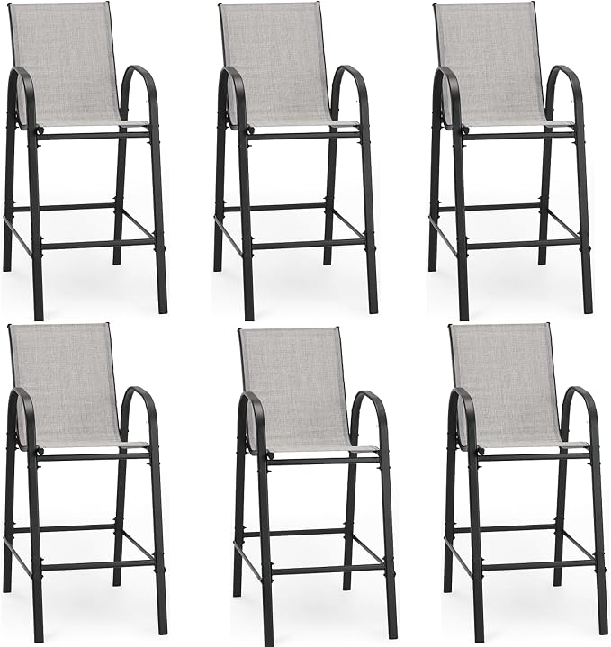 HOMREST Outdoor Bar Height Stools Set of 6,High Back Patio Chairs with Armrests,Textilene Chairs with Breathable Fabric & Metal Frame for All Weather,Light Grey by HOMREST