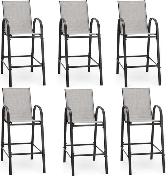 HOMREST Outdoor Bar Height Stools Set of 6,High Back Patio Chairs with Armrests,Textilene Chairs with Breathable Fabric & Metal Frame for All Weather,Light Grey by HOMREST