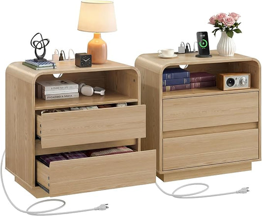 Nightstands Set of 2, Wide Round Bedside Table Set 2 with Charging Station, Large End Table with 2 Drawers Curved Design Modern Nightstand for Bedroom Sofa Home Office Oak Natural by miucore