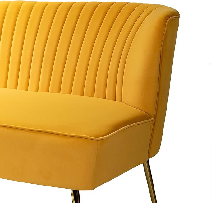 HULALA HOME 3 Piece Velvet Living Room Furniture Set, Modern Comfy Upholstered Chair Set with Golden Legs, include Loveseat & 2 Accent Chairs for Bedroom, MUSTARD Tufted 2-Seater Sofa & Armless Chairs