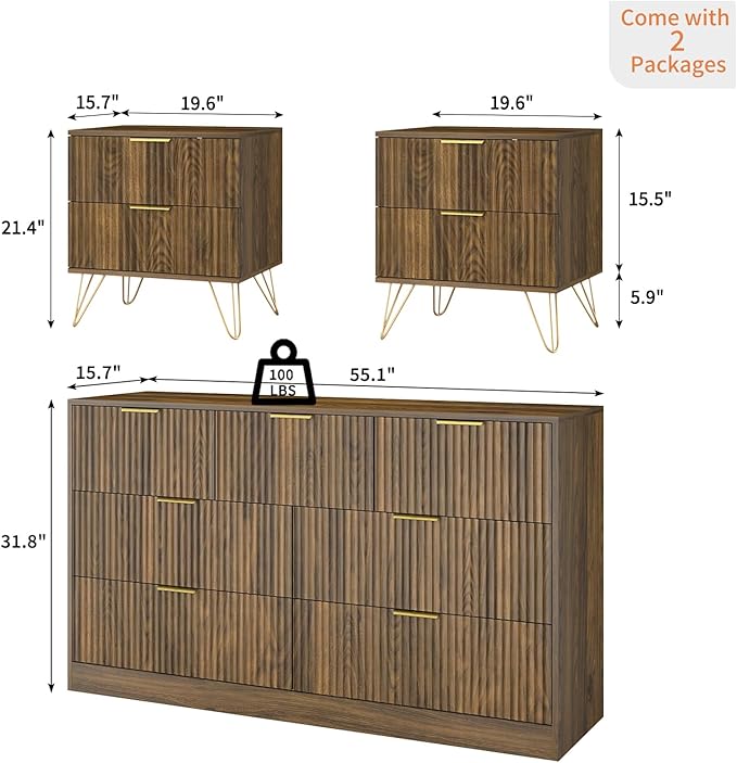 7 Drawer Dresser and Nightstand Sets, 3 Pcs Bedroom Set for Bedroom, Fluted Night Stand Set of 2 & 55" Wide Dresser w/Gold Handles, Mid Century Wood Chest of Drawers Storage Set, Walnut