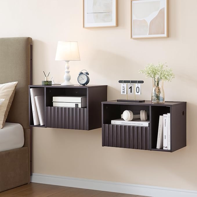 BuildHom Modern Espresso Fluted Floating Nightstand with Charging Station, NightStand with Drawers, Bedside with USB Ports and Outlets, Bedroom Furniture (Set of 2) by BuildHom