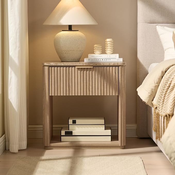 Fluted Nightstand Set of 2, 23" W Night Stand with Drawer, Wood Bed Side Table with Faux Marble-Top, Curved Corner, Metal Handle, Modern Bedside Table for Bedroom, Living Room, Office, Natural Oak - Image 7