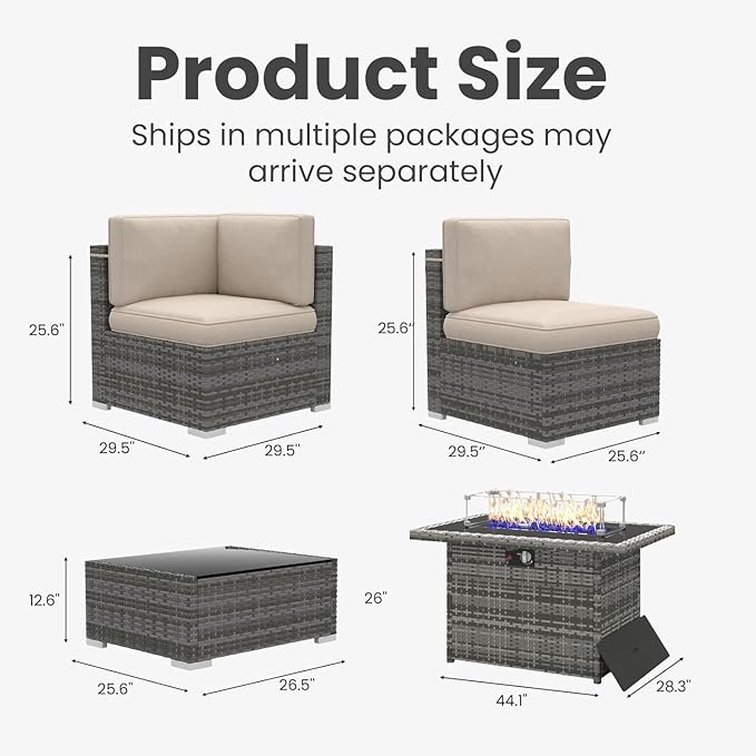 15 Pieces Patio Furniture Set with 44" Propane Gas Fire Pit Table, Outdoor Sectional Wicker Conversation Sofa Sets with Coffee Table