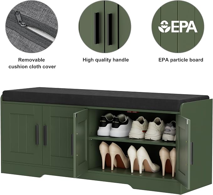 Homleke 2-Tier Storage Bench, Shoe Bench with Thickened Padded Seat Cushion, Entryway Bench with 4 Doors, Adjustable Shelf, 13.8" D x 45.3" W x 18.5" H, for Entryway, Living Room, Bedroom, Green - Image 8