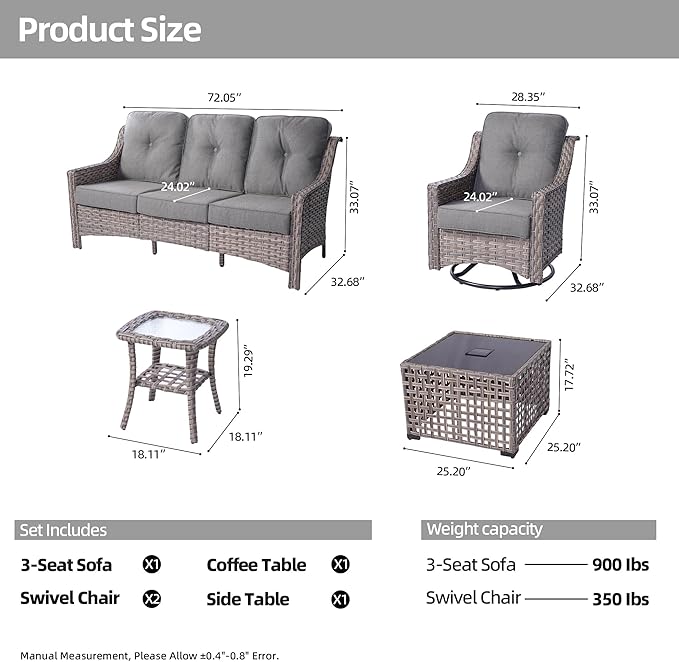 HOOOWOOO 5 Piece Patio Furniture Conversation Sets with Swivel Rocking Chairs,Outdoor Wicker Furniture with LED Tablet,All Weather Resistant High Back Rattan Conversational Set(Dark Grey Gray)